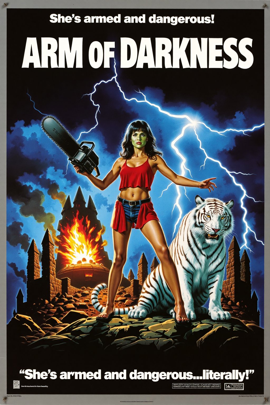 Vintage movie poster for 'Arm of Darkness' in a retro, over-the-top action style. The central figure is a zombie. She's wielding a massive chainsaw attached to her arm like a weapon, standing heroically in front of a dramatic, stormy background with lightning. A fiercezombie  white tiger sits beside her, adding a touch of absurdity. The scene has a chaotic, apocalyptic vibe, with destroyed ruins and exaggerated fire in the background, giving the whole image a comically intense and action-packed feel.  At the top, in bold 80s action movie font, add the title 'Arm of Darkness.' Beneath the title, include the tagline: 'She's armed and dangerous...literally!'"
