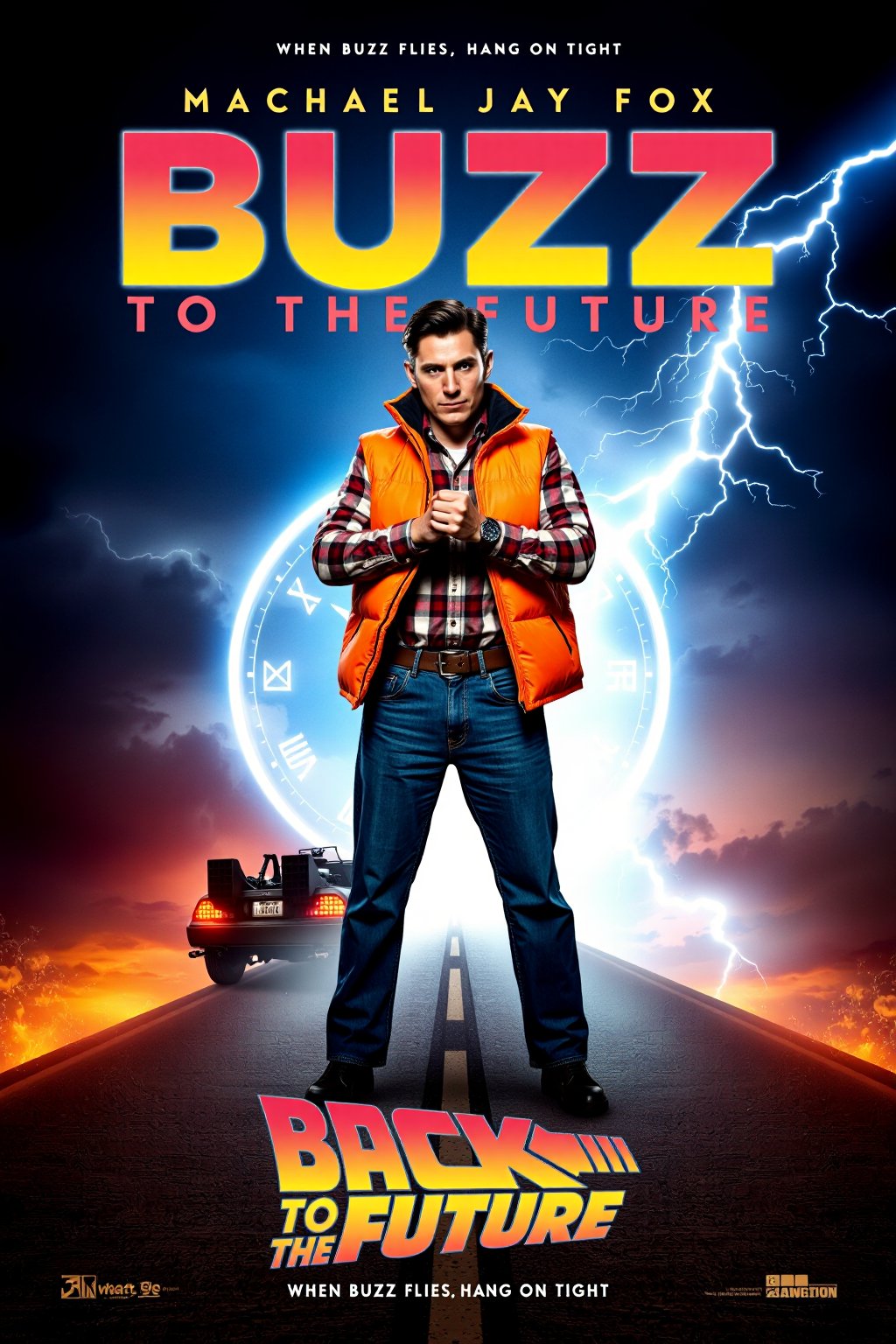 mvpstr. Epic Movie poster for "BUZZ to the Future," starring Machael Jay Fox. The main character stands confidently, mid-action, with jeans and an iconic orange sleeveless puffer jacket over a plaid shirt, adjusting a futuristic watch with an intense look. Behind him, a glowing hoverboard replaces the iconic DeLorean, casting a neon-blue light. The background features a dark, stormy sky with streaks of lightning and a large, retro-futuristic clock face. The tagline reads: "When buzz flies, hang on tight!" Neon colors, dramatic lighting, retro sci-fi movie poster style, cinematic composition.