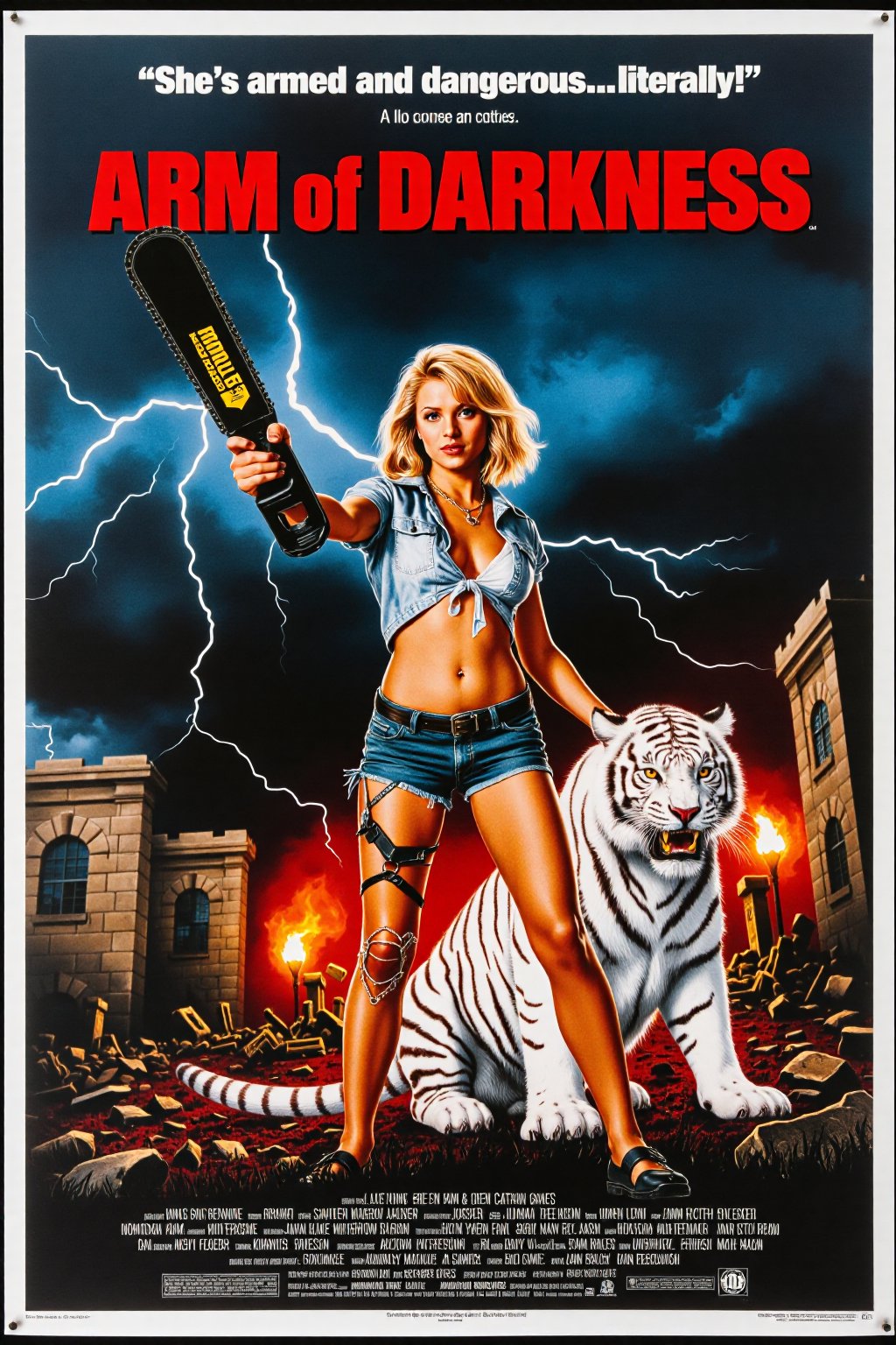 Vintage movie poster for 'Arm of Darkness' in a retro, over-the-top action style. The central figure is a blonde zombie, wearing a ripped shirt and denim shorts. She's wielding a massive chainsaw attached to her arm like a weapon, standing heroically in front of a dramatic, stormy background with lightning. A fiercezombie  white tiger sits beside her, adding a touch of absurdity. The scene has a chaotic, apocalyptic vibe, with destroyed ruins and exaggerated fire in the background, giving the whole image a comically intense and action-packed feel.  At the top, in bold 80s action movie font, add the title 'Arm of Darkness.' Beneath the title, include the tagline: 'She's armed and dangerous...literally!'"
