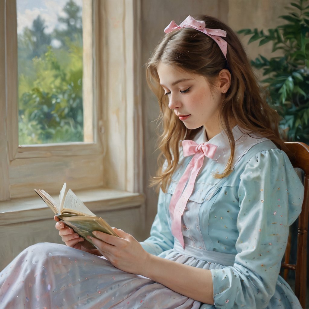 The image is a painting in an impressionist style,  depicting a young girl with long,  wavy by Cédric on Tensor.Art