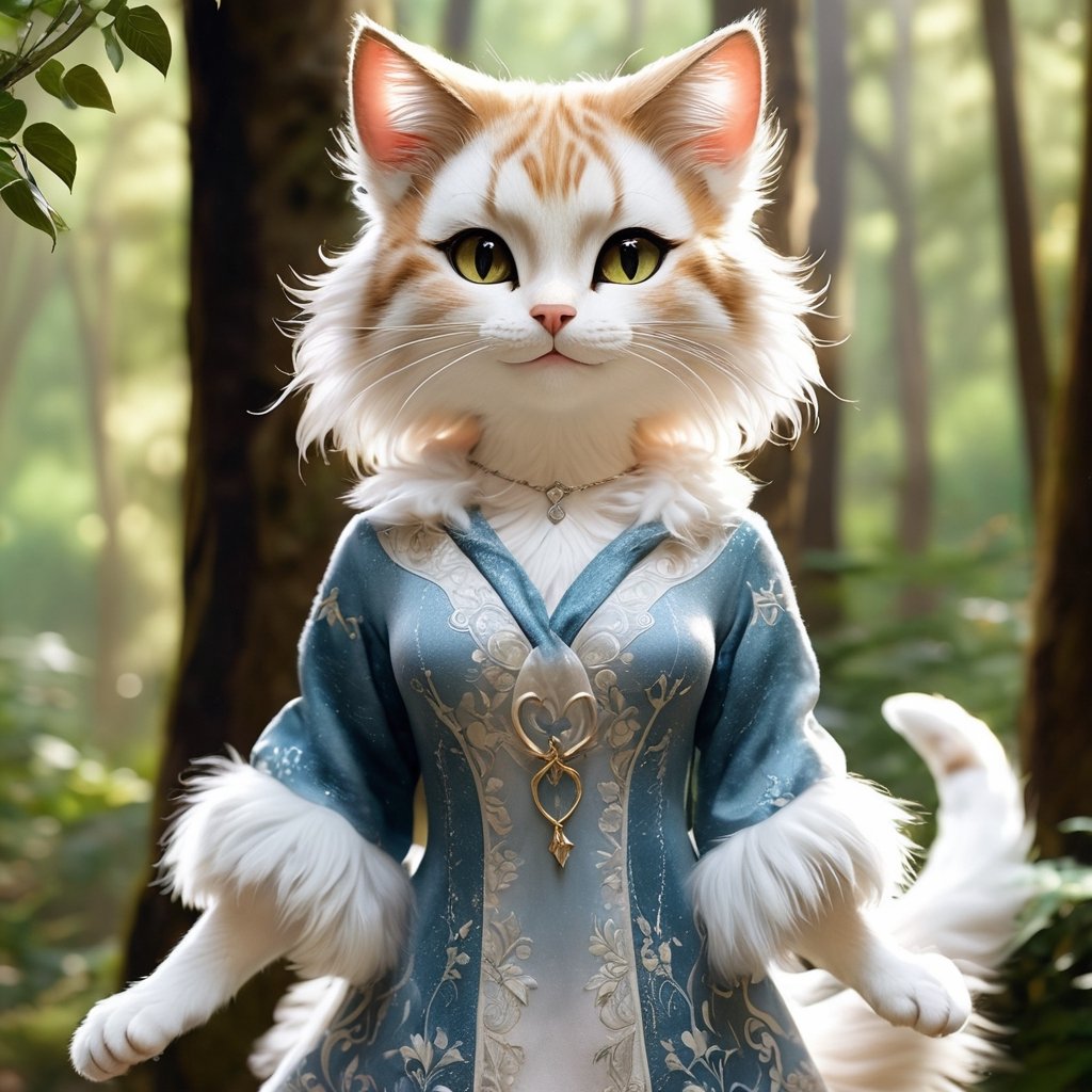 a realistic furry-like catgirl,  with striking features and an ethereal aura. Her body is covered in soft,  fluffy fur tha...