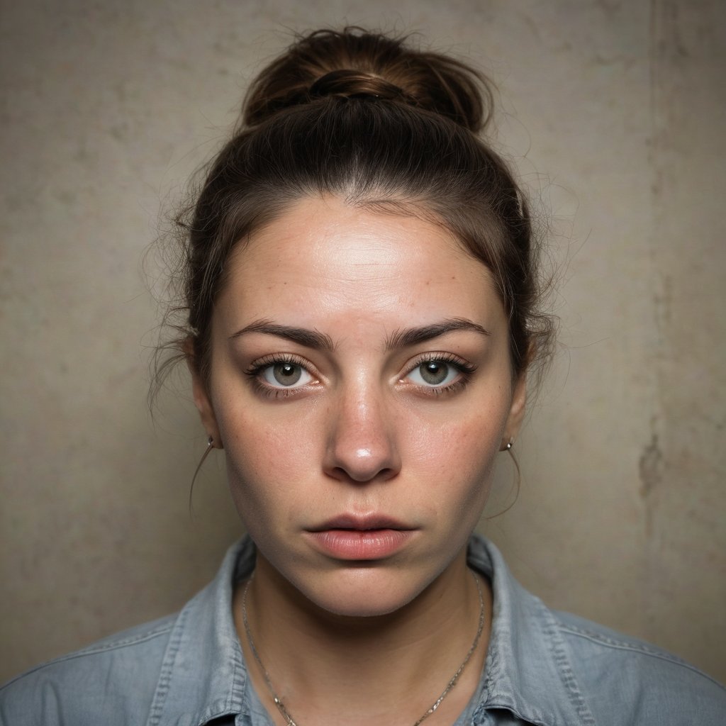 A mugshot of a woman, her expression a mix of defiance and resignation, is captured in a stark, unforgiving light. Her eyes seem to bore into the camera, as if daring anyone who dares to look at her to judge her harshly. A faint hint of desperation clings to her features, like the lingering haze of marijuana smoke. The background is a dull, institutional gray, reflecting the bleakness of her circumstances. In the foreground, a faint outline of handcuffs and chains serves as a stark reminder of her arrest for prostitution and possession of marijuana. Her face, once full of life and vitality, now seems drained of all color, much like the monotony of the prison walls.