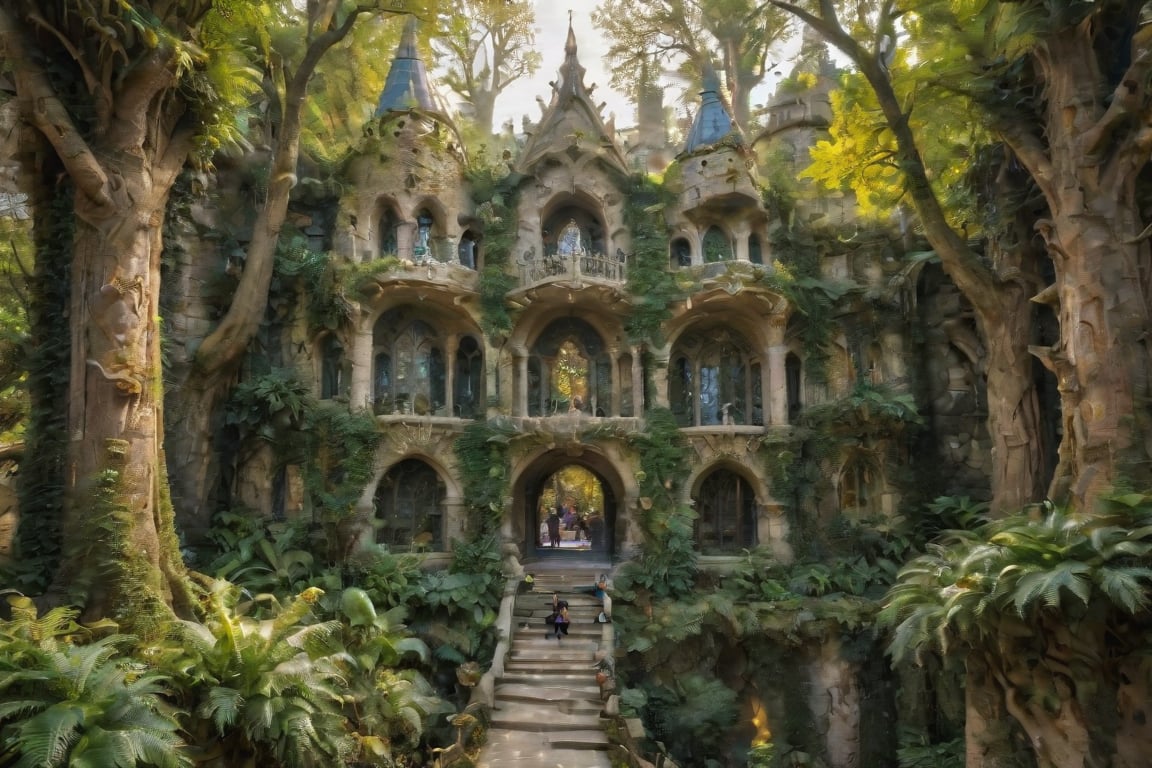 Rivendell's Enchanted Realm: Discover the mystical allure of this otherworldly destination. A serene emerald expanse unfolds before you, cradling majestic Gothic-Revival and Art Nouveau structures that seem to defy gravity. Waterfalls cascade down ancient stone facades, as whimsical Gaudí-inspired details dance in harmony with the soft golden light. The tranquil atmosphere beckons you to wander through lush greenery, where mythical creatures might just be hiding amidst the architectural wonders.