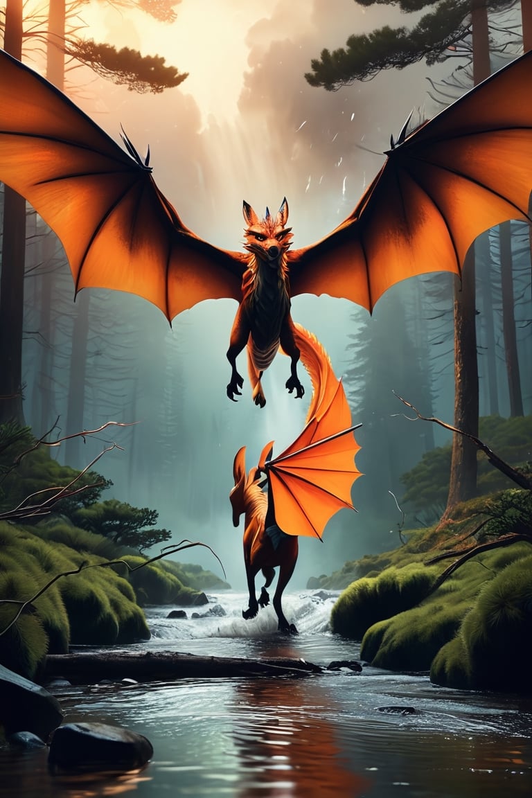 In a breathtaking scene inspired by Ghibli Studios and reminiscent of "Blade Runner 2",  a fierce dragon is caught amidst...