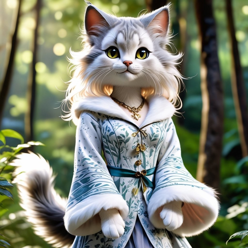 a realistic furry-like catgirl,  with striking features and an ethereal aura. Her body is covered in soft,  fluffy fur tha...
