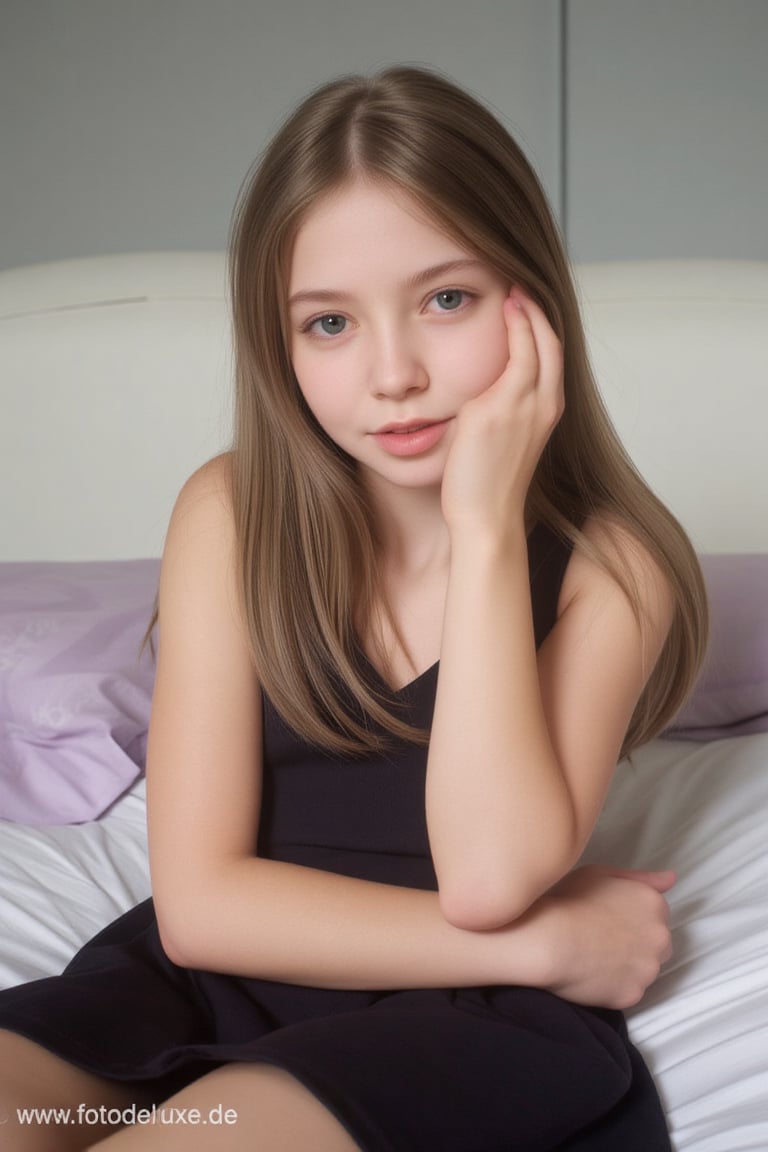 This photograph captures a young girl,  likely in her early teens,  sitting on a bed. She has long by Cédric on Tensor.Art