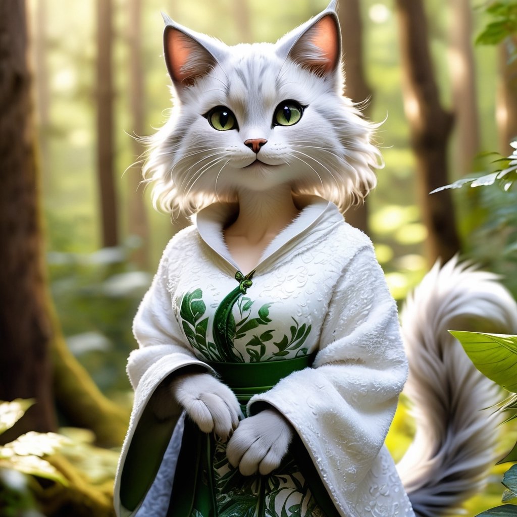 a realistic furry-like catgirl,  with striking features and an ethereal aura. Her body is covered in soft,  fluffy fur tha...