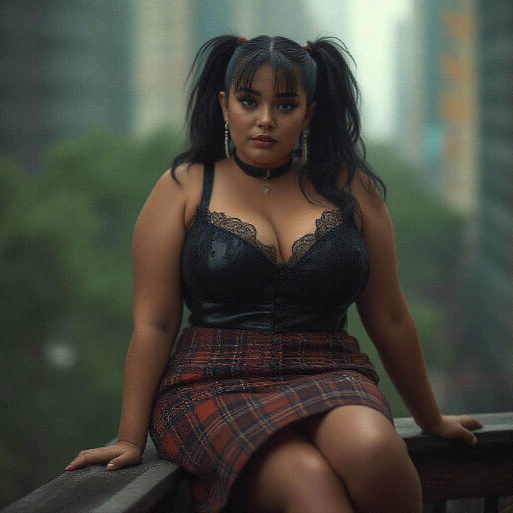 A rotund young woman with twintails hair, dressed as a Wall Street broker yuppie in a black corset top and plaid skirt, sits on a wooden railing in a cyberpunk city. Her glossy, retro 80s outfit features lace details, and she has an engaged expression with one leg raised. The scene is a close-up, eye-level shot with shallow depth of field, the green foliage and blurred cityscape creating a moody, analogous color palette. High key lighting from a softbox placed straight on illuminates her face, casting subtle shadows and highlighting the glossy texture of her clothing. The image, shot on a Panasonic Lumix S5 with a Lumix S PRO 70-200mm f-2.8 O.I.S lens, has a triadic color palette and a cinematic feel, reminiscent of Julie Blackmon's style, with film grain and a slightly overexposed background.