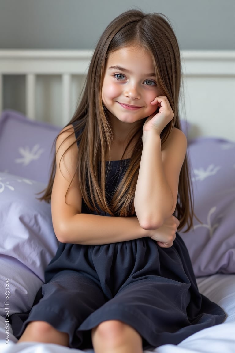 This photograph captures a young girl,  likely in her early teens,  sitting on a bed. She has long by Cédric on Tensor.Art