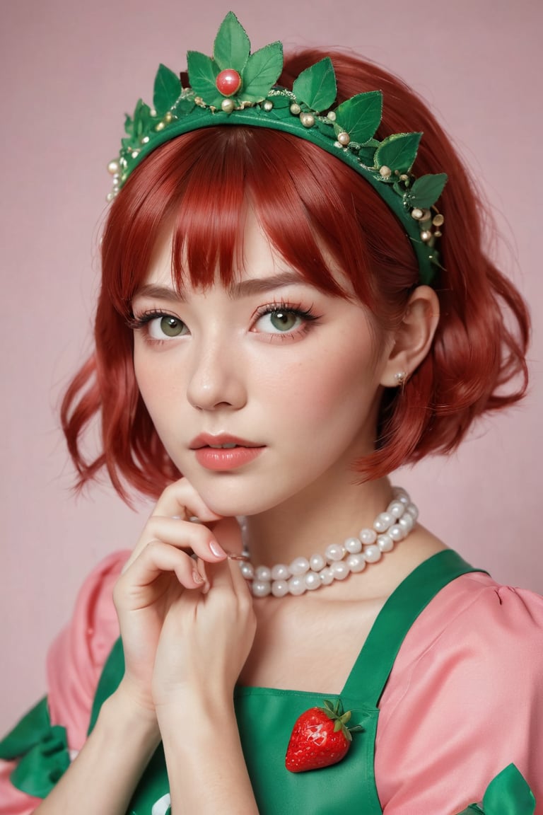 a detailed close-up captures a young woman, clad in a vibrant strawberry costume. her red hair is styled into a bob cut, accentuated by a crown adorned with green and white beads. the costume's apron features a large strawberry motif, adding a playful touch to the ensemble. the woman's eyes are painted a striking green, while her lips are a radiant pink. her hands rest on her chin, framing her face perfectly