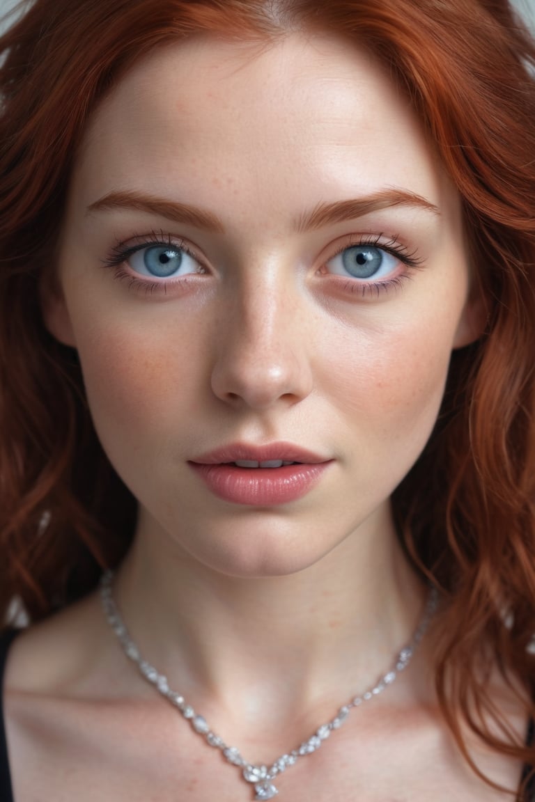 A captivating close-up shot frames a fair-skinned woman with mesmerizing blue eyes and vibrant wavy red hair parted down t...