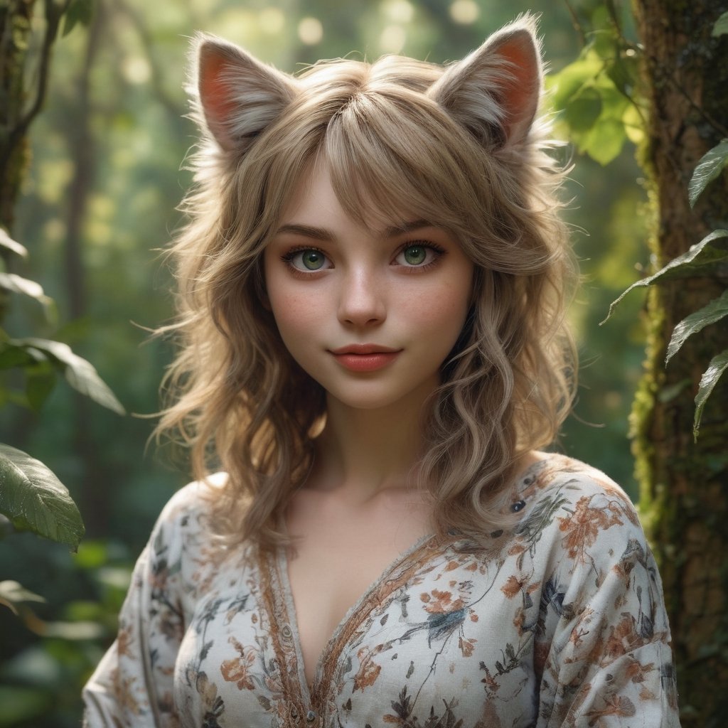 This detailed and captivating portrait features an ethereal catgirl with striking features and a feline face,  adorned wit...