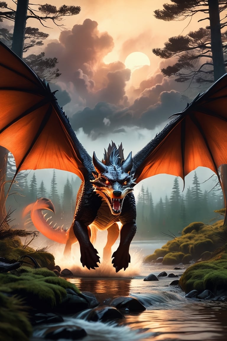 In a breathtaking scene inspired by Ghibli Studios and reminiscent of "Blade Runner 2",  a fierce dragon is caught amidst...