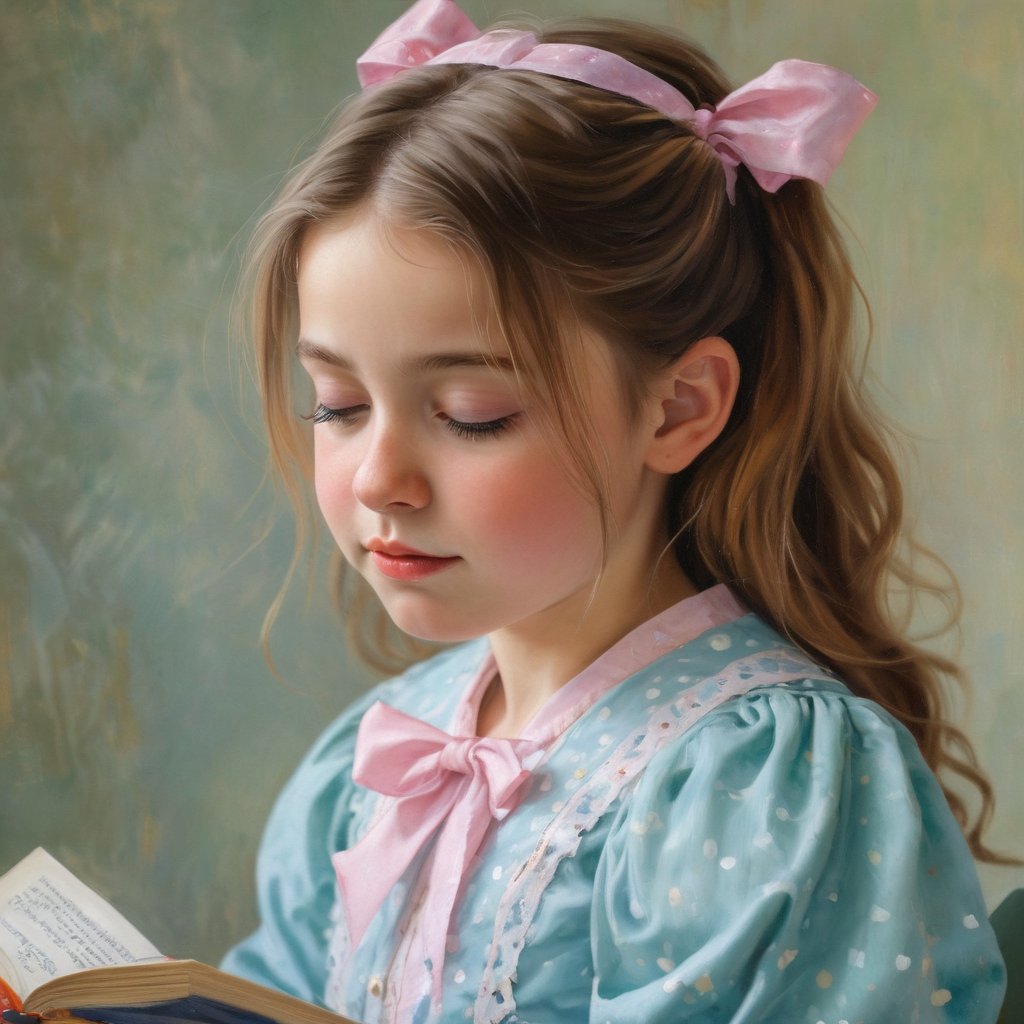 The image is a painting in an impressionist style,  depicting a young girl with long,  wavy by Cédric on Tensor.Art
