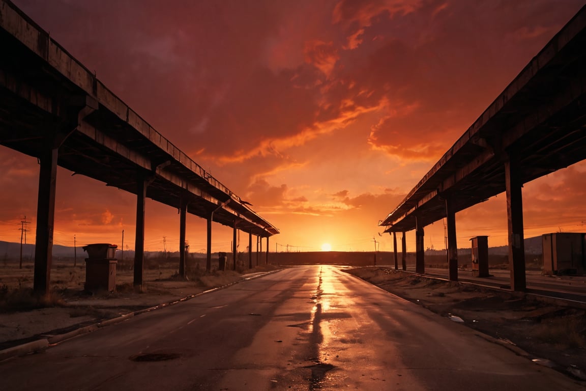 A haunting scene unfolds on the deserted highway to hell, where an ominous red sky casts a menacing glow over a worn-out service area. Fluorescent lights flicker like fireflies, casting eerie shadows on rusty metal structures and fading signs that speak of decay and abandonment. In the distance, the highway stretches ominously towards a fiery horizon, as if beckoning the viewer to surrender to its dark allure.