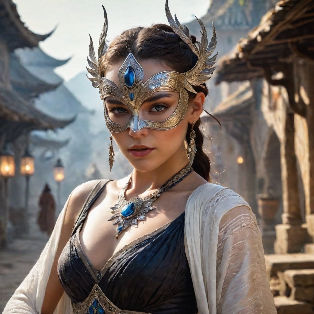 An ethereal, beautiful sorceress played by Rey Anders and Anya Taylor, donning an intricate mask, strikes a glamour pose in an elaborate, serene village on the last day of Ataly. The scene is drawn by Andrei W Guangj Maximenko with intricate details and highly realistic lighting, revealing a serene yet mystical atmosphere that captures her winning photorealistic essence.