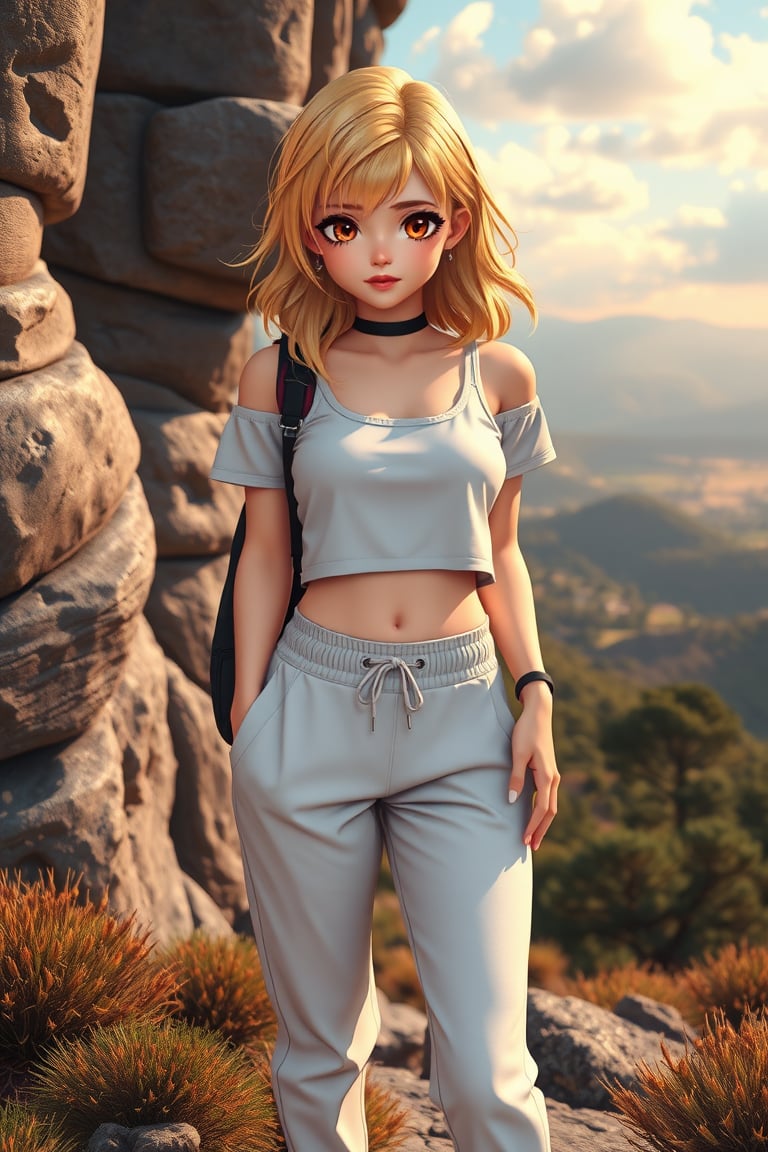 In this image,  we see a charming and alluring French high schooler,  dressed in a chic outfit consisting of a cropped top...