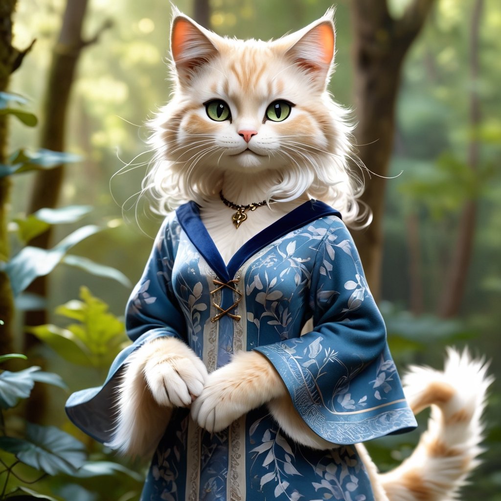 a realistic furry-like catgirl,  with striking features and an ethereal aura. Her body is covered in soft,  fluffy fur tha...
