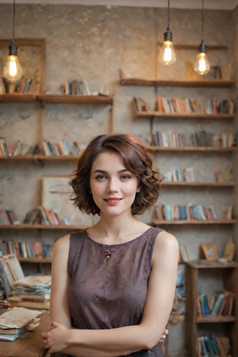 In a cozy, whimsical setting reminiscent of a vintage bookstore, the enchanting young muse stands amidst an eclectic living space, surrounded by the vibrant hues and textures of Antipodean art. Her wavy, short top hair adds a playful touch, contrasting with her shoulder-length brown locks that frame her charming small smile. The 1.6m beauty's delicate features are illuminated by soft, warm lighting, as if sunlight filters through a dusty window. She poses relaxed yet alluring, surrounded by the eclectic trappings of Offaganetown's quirky charm.