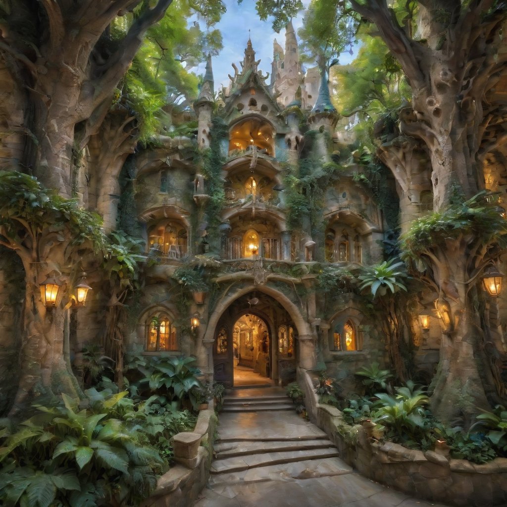 Rivendell's Enchanted Realm: Discover the mystical allure of this otherworldly destination. A serene emerald expanse unfolds before you, cradling majestic Gothic-Revival and Art Nouveau structures that seem to defy gravity. Waterfalls cascade down ancient stone facades, as whimsical Gaudí-inspired details dance in harmony with the soft golden light. The tranquil atmosphere beckons you to wander through lush greenery, where mythical creatures might just be hiding amidst the architectural wonders.