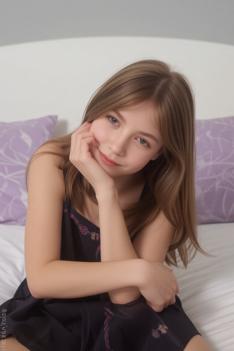 This photograph captures a young girl,  likely in her early teens,  sitting on a bed. She has long by Cédric on Tensor.Art