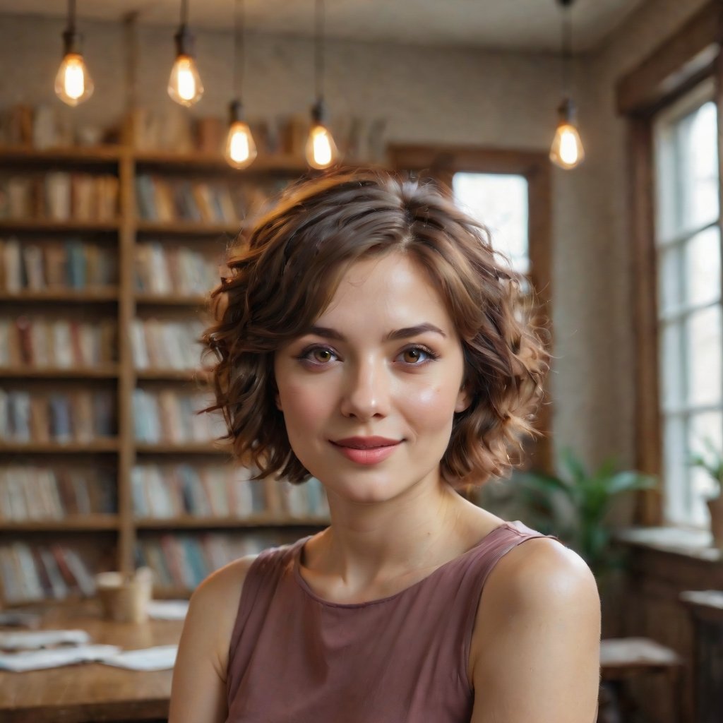 In a cozy, whimsical setting reminiscent of a vintage bookstore, the enchanting young muse stands amidst an eclectic living space, surrounded by the vibrant hues and textures of Antipodean art. Her wavy, short top hair adds a playful touch, contrasting with her shoulder-length brown locks that frame her charming small smile. The 1.6m beauty's delicate features are illuminated by soft, warm lighting, as if sunlight filters through a dusty window. She poses relaxed yet alluring, surrounded by the eclectic trappings of Offaganetown's quirky charm.