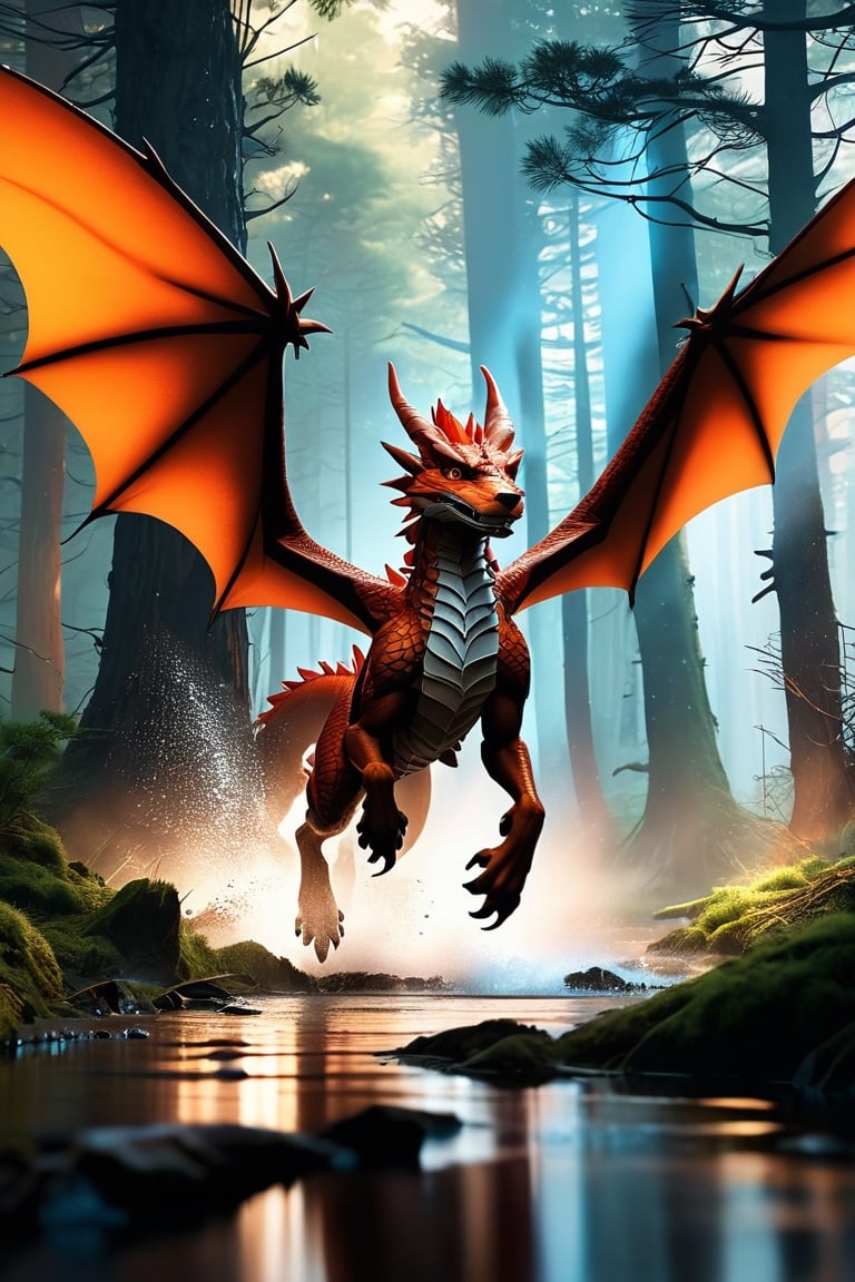 In a breathtaking scene inspired by Ghibli Studios and reminiscent of "Blade Runner 2",  a fierce dragon is caught amidst...