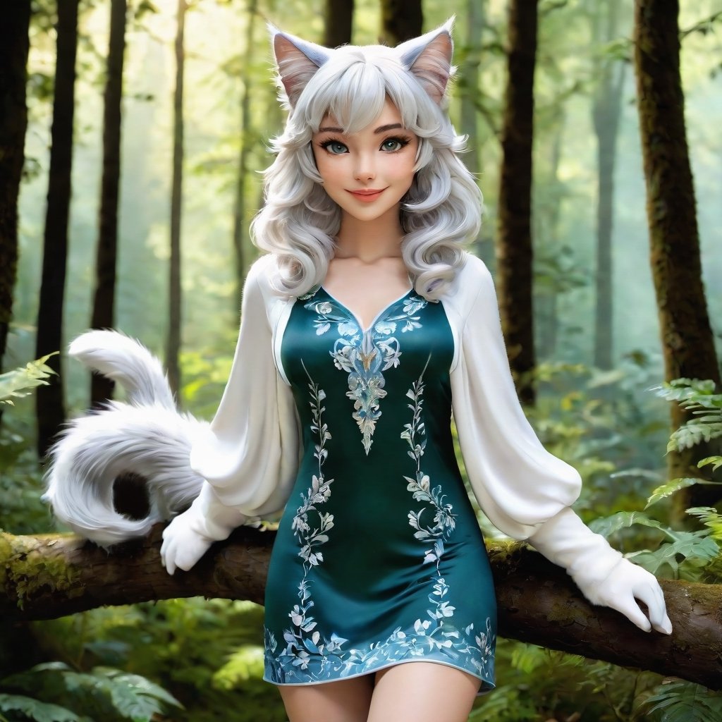 a realistic furry-like catgirl,  with striking features and an ethereal aura. Her body is covered in soft,  fluffy fur tha...