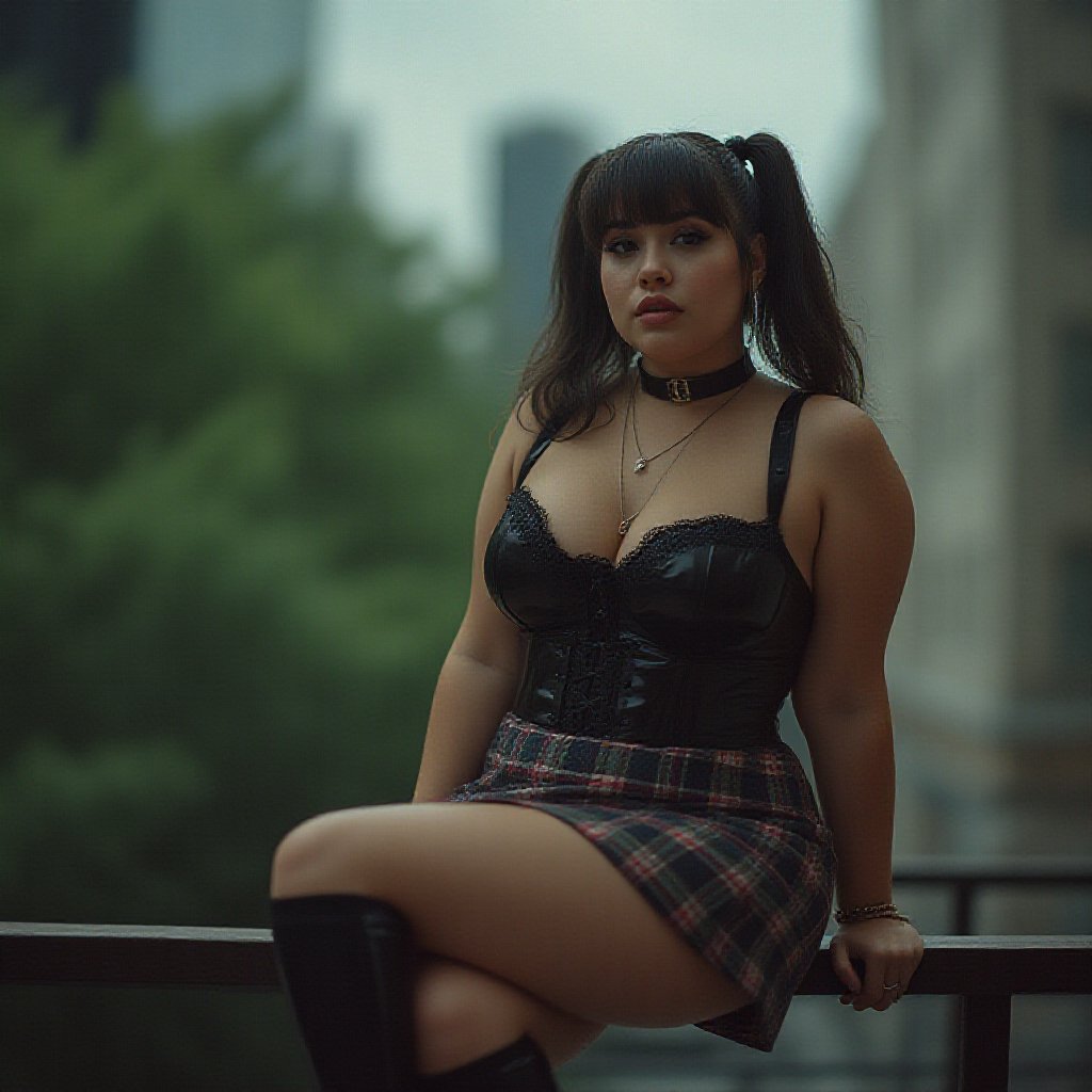 A rotund young woman with twintails hair, dressed as a Wall Street broker yuppie in a black corset top and plaid skirt, sits on a wooden railing in a cyberpunk city. Her glossy, retro 80s outfit features lace details, and she has an engaged expression with one leg raised. The scene is a close-up, eye-level shot with shallow depth of field, the green foliage and blurred cityscape creating a moody, analogous color palette. High key lighting from a softbox placed straight on illuminates her face, casting subtle shadows and highlighting the glossy texture of her clothing. The image, shot on a Panasonic Lumix S5 with a Lumix S PRO 70-200mm f-2.8 O.I.S lens, has a triadic color palette and a cinematic feel, reminiscent of Julie Blackmon's style, with film grain and a slightly overexposed background.