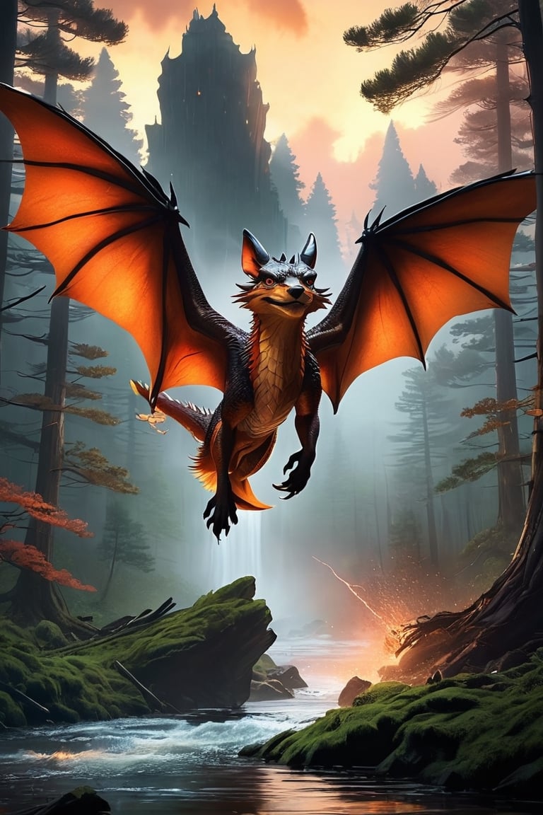 In a breathtaking scene inspired by Ghibli Studios and reminiscent of "Blade Runner 2",  a fierce dragon is caught amidst...
