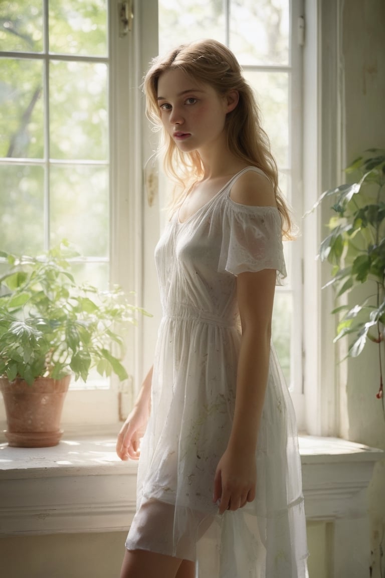 Beautiful teenager in sheer white dress,  softly lit by ambient sunlight streaming through large windows with lush green f...