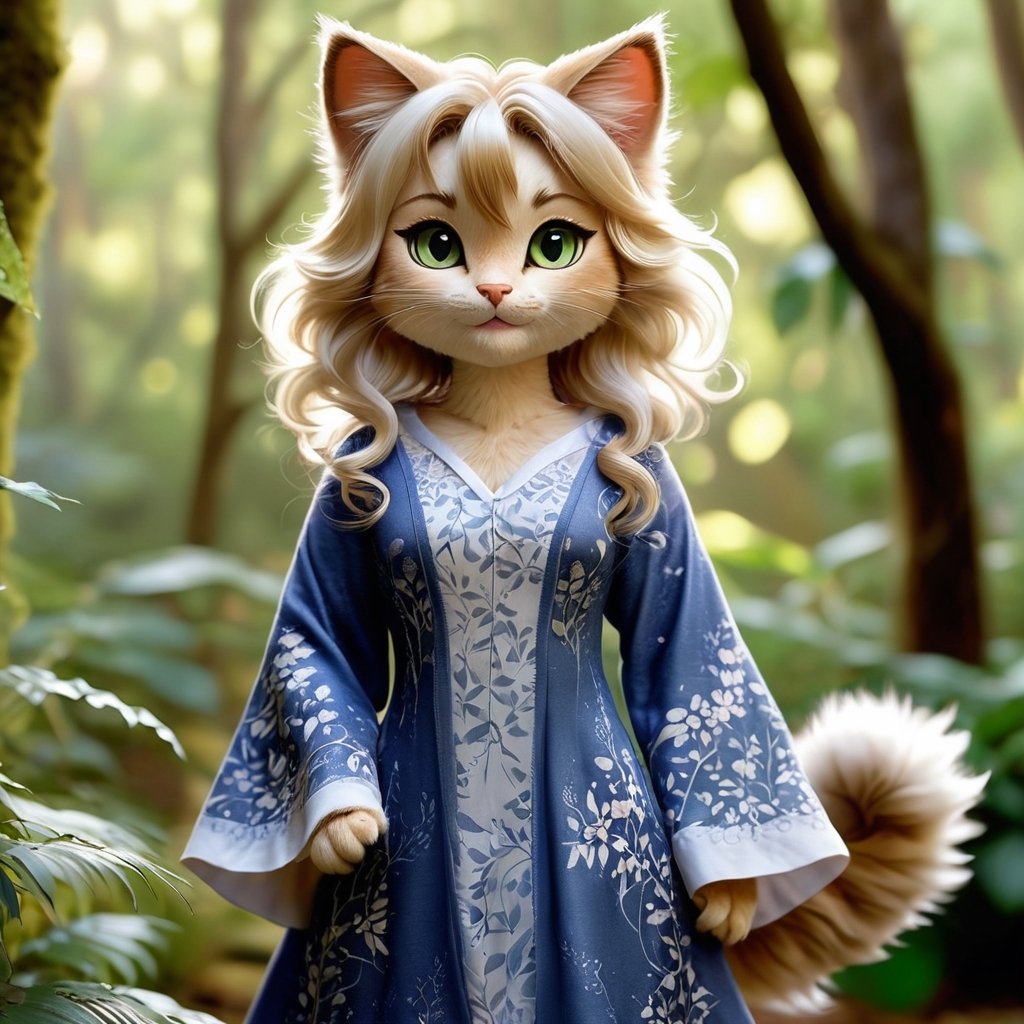 a realistic furry-like catgirl,  with striking features and an ethereal aura. Her body is covered in soft,  fluffy fur tha...