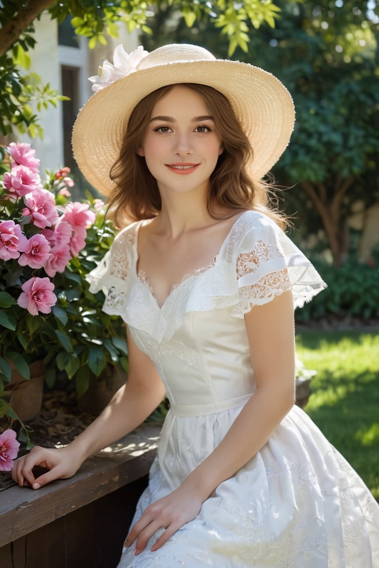 The subject of the painting is a young woman dressed in a white dress with short sleeves. Her attire appears to be formal or semi-formal, suggesting that she might be attending a special occasion such as a party, wedding, or ball. 

She is wearing a wide-brimmed yellow hat adorned with delicate lace trimmings around its edge, which matches her bright smile and youthful demeanor. There's also a ribbon tied at the base of the brim, adding another decorative element.

The woman has light brown hair styled neatly under the hat, giving off a classic look reminiscent of early 20th-century fashion trends. Her eyes are downcast but directed towards the viewer, hinting at shy or bashful emotions without revealing too much vulnerability. Her skin tone suggests fair complexion, likely indicating Caucasian heritage, although it’s hard to determine definitively from the image alone.

In the background, there seems to be a large bush with vibrant pink flowers. This floral backdrop adds color contrast against the white dress while bringing out the greenery around the area where the lady stands. The leaves on these bushes suggest lush growth indicative of springtime weather conditions, enhancing the overall cheerful ambiance of the scene. 

Behind the woman lies what looks like a window frame, possibly part of a garden view through glass doors or windows, showing more trees and sky beyond. The outdoor setting indicates that the woman may have been captured during a pleasant day outdoors, potentially near a home garden or park. The reflection of light on various surfaces hints at the sun being present, emphasizing a serene, peaceful moment caught by the artist.

Overall, the composition captures elements of innocence, femininity, elegance, and nature, making for a harmonious blend typical of classical portraiture styles often associated with Impressionist or Romanticism influences.