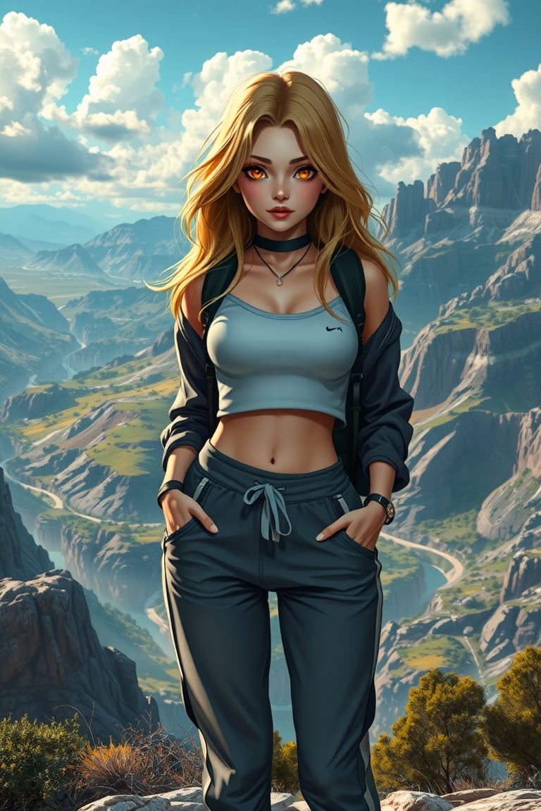 In this image,  we see a charming and alluring French high schooler,  dressed in a chic outfit consisting of a cropped top...