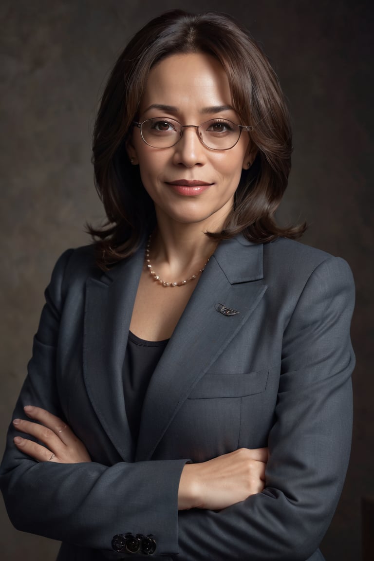 Official portrait of Kamala Harris, Vice President of the United States, a mix of professional and sexy, glamorous lighting, medium shot, confident expression, direct eye contact, soft smile, natural makeup, dark background, American flag pin, subtle glare from glasses, high-end camera, 80mm lens, f/1.4, shallow depth of field, high resolution, film grain, color accuracy, professional photography, portrait photography, studio lighting, Canon EOS 5DS R, ISO 100, 6x7cm, medium format, analog film, Kodak Portra 800, white balance, 1/125 sec shutter speed, natural skin tones, no retouching, confident pose, relaxed posture, hands in frame, elegant attire, dark power suit, no text, no graphics, serious yet approachable, mature beauty, mature woman, mature model, over 50, 50+, silver fox, salt and pepper hair, short hair, gray hair, no hat, no accessories, indoor shoot, single light source, soft box lighting, single person, one person only, single subject, solo, solo portrait, single female, female only, female portrait, woman, woman over 50, older woman, older model, older adult, senior, senior citizen, senior woman, senior lady, mature lady, mature senorita, ma'am, madam, ma'am portrait,