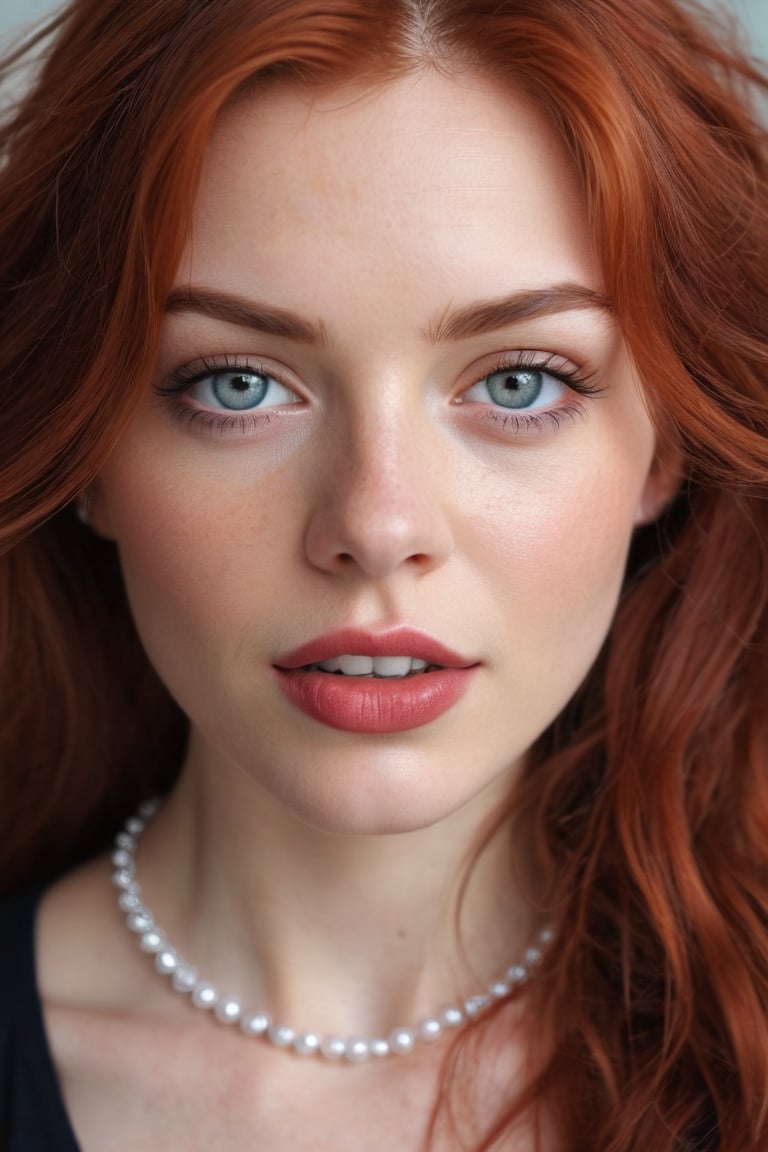 a fair-skinned woman with long,  wavy red hair and blue eyes is captured in a close-up,  eye-level shot. she's dressed in...