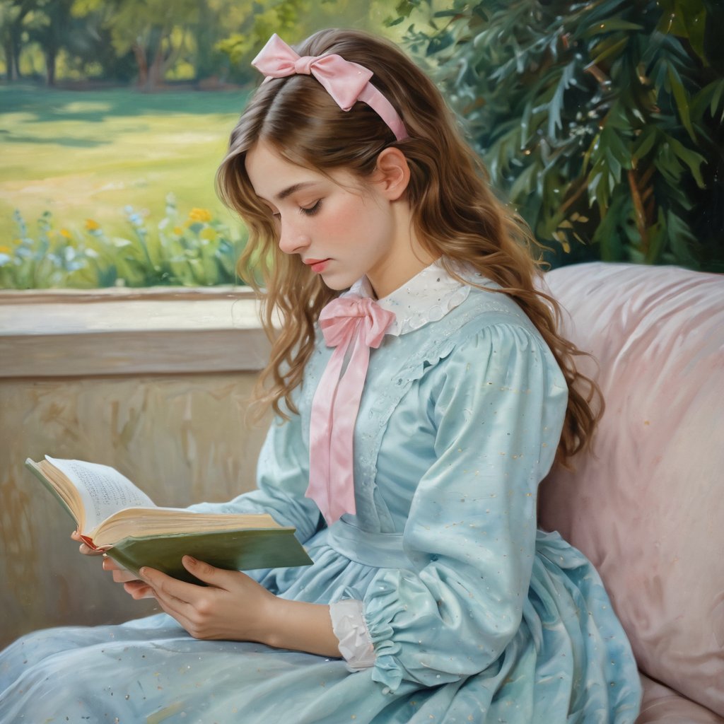 The image is a painting in an impressionist style, depicting a young girl with long, wavy, light brown hair adorned with a pink bow on the right side. She is shown in profile, facing to the left, and is dressed in a light blue, polka-dotted dress with a high collar. The girl appears to be engrossed in reading a book, which she holds in her right hand, her left hand resting on her lap. The background is a blurred, abstract mixture of greens and yellows, suggesting an outdoor setting with tall, grassy vegetation. The painting is executed in soft, blended brushstrokes, characteristic of impressionist art, which gives a gentle, dreamy quality to the image. The girl's expression is calm and focused, her eyes looking down at the book. The overall mood of the painting is serene and contemplative, capturing a quiet moment of reading and reflection. The texture of the painting is smooth and rich, with a soft, luminous quality that enhances the impressionistic style.