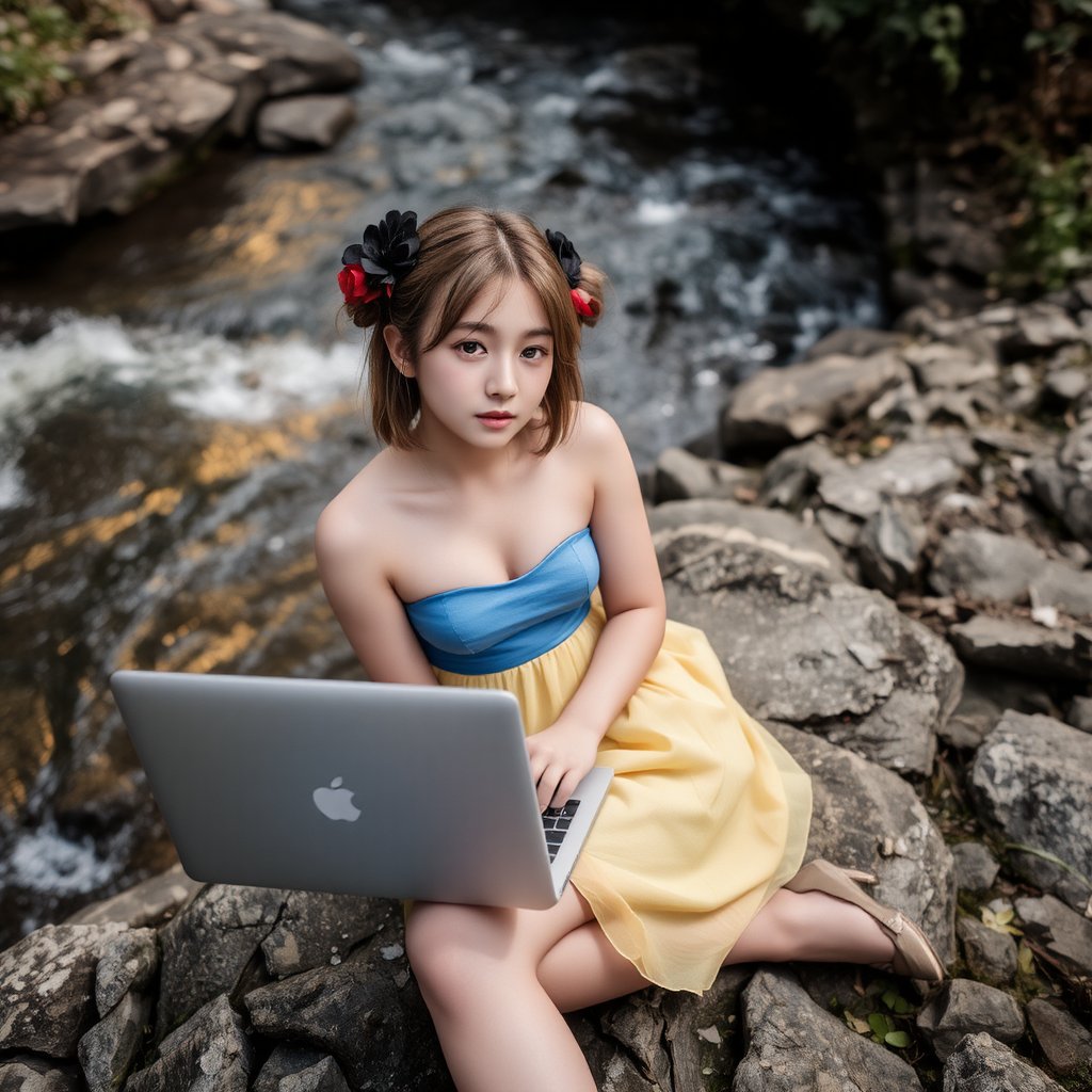 A young girl with fair skin, golden-brown hair in buns, and an innocent yet curious expression sits on rocky terrain by a river, dressed in a strapless yellow dress with a blue waist sash and beige high heels. She wears a black floral hair accessory and is engaged with a laptop, representing technology integration in fashion. The scene is set in a natural, bioluminescent environment with soft pastel lighting and multi-colored hues from below, casting a cool, ethereal glow. The close-up, selfie angle captures her slightly tilted head, with blurred foliage in the background. The high perspective shot, taken with a Canon EOS 5D Mark IV and Canon EF 24-70mm f/2.8L II, features film grain and a cool color palette, evoking the visual style of director David Lynch.