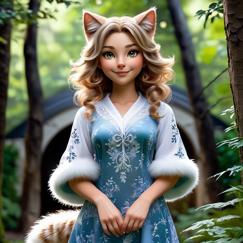 a realistic furry-like catgirl,  with striking features and an ethereal aura. Her body is covered in soft,  fluffy fur tha...