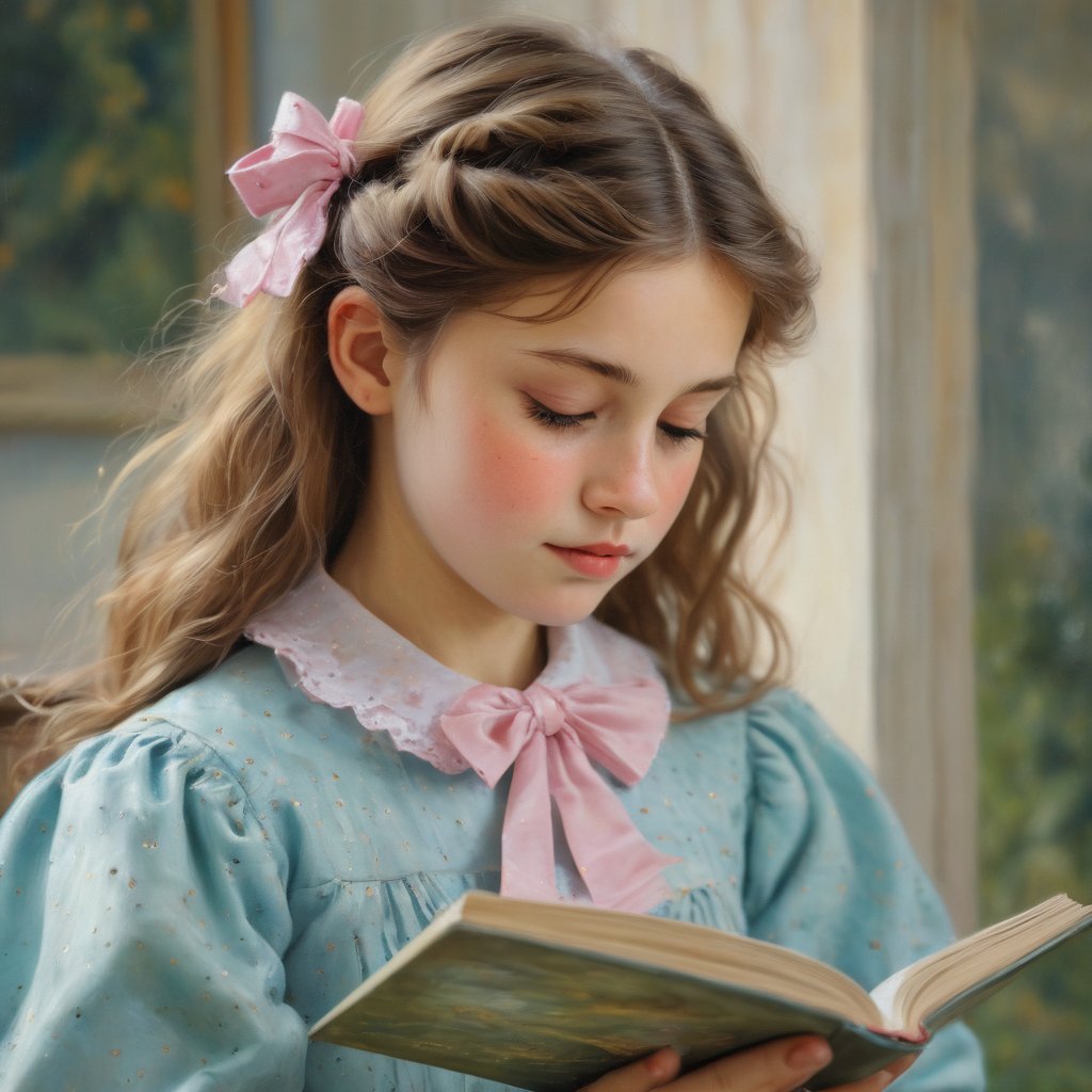 The image is a painting in an impressionist style,  depicting a young girl with long,  wavy by Cédric on Tensor.Art