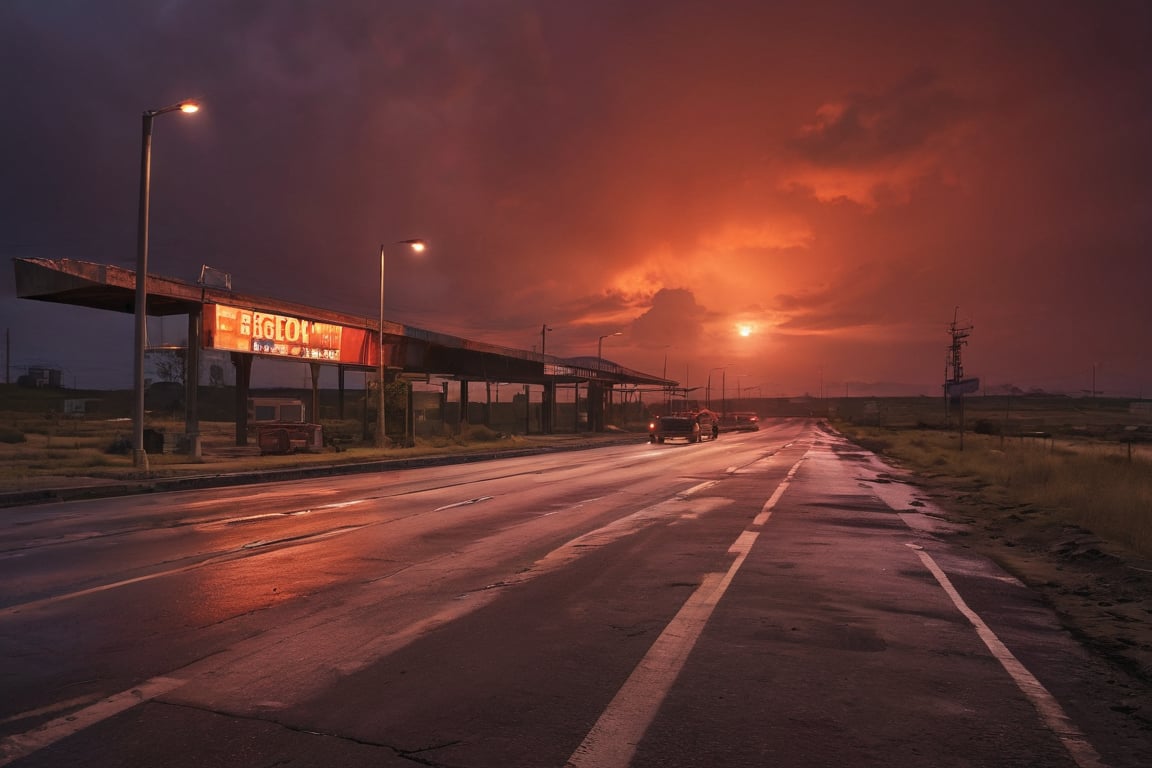 Here is a prompt that captures the eerie scene:

Create an image of a deserted service area on the highway to hell, with an ominous red sky casting a menacing glow over the scene. Flickering fluorescent lights illuminate rusty metal structures and fading signs, conveying a sense of decay and abandonment. In the background, the highway stretches towards a fiery horizon, immersing viewers in an unsettling atmosphere.