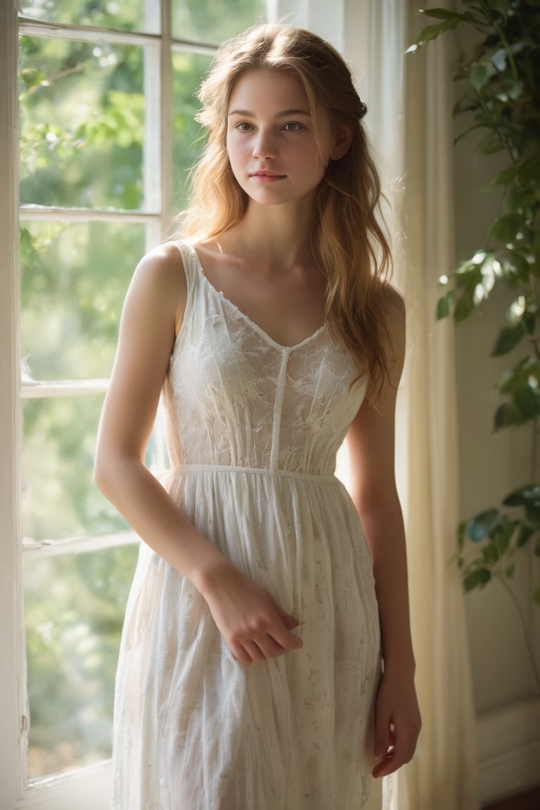 Beautiful teenager in sheer white dress,  softly lit by ambient sunlight streaming through large windows with lush green f...