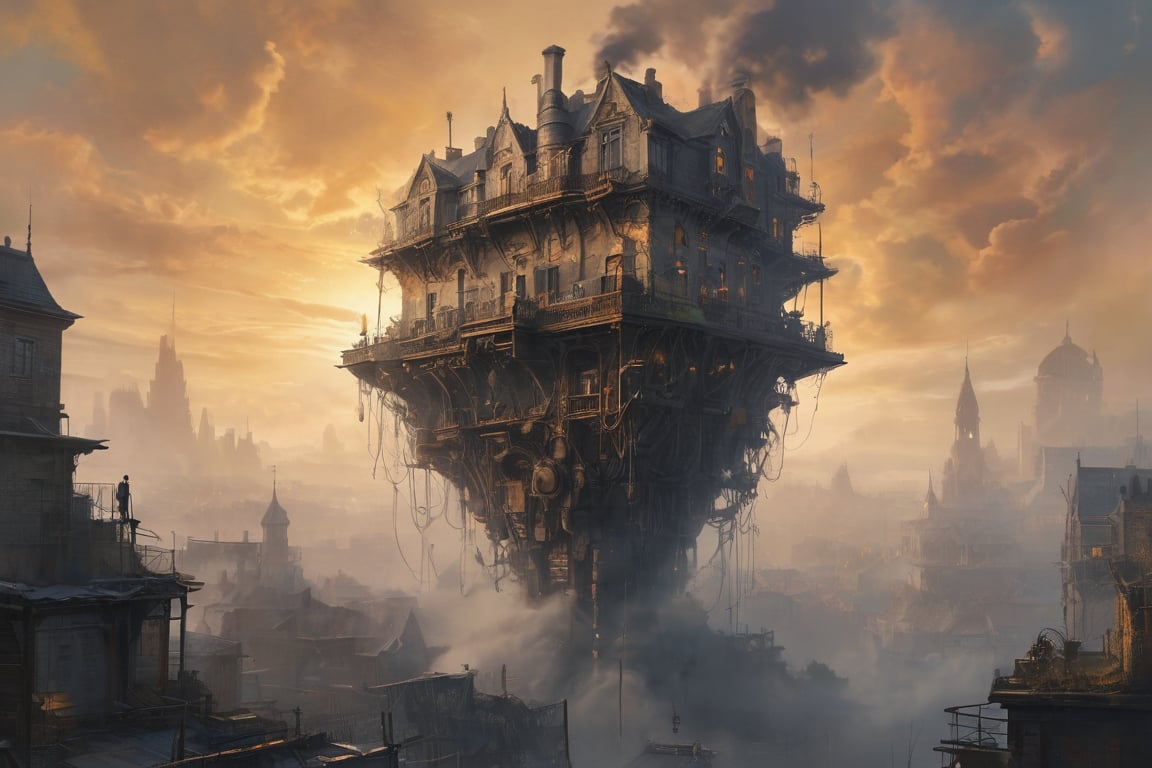 In this eerie, atmospheric watercolor cover, the forgotten metropolis's fog-shrouded skyline is bathed in warm, golden light, with steam-pierced clouds drifting lazily across the sky. Old houses with crumbling facades now hum with advanced electrical networks, their intricate gears and cogs meshing seamlessly with lush flora as they rise like mechanical sentinels from the mist. A mysterious figure, Justine, steps forth from the shadows, her gaze piercing the fog as she emerges in photorealistic detail against a matte background of holographic edges dancing across the surface. The overall effect is one of mystique and allure, inviting the viewer to step into the world of steampunk-tinged excess and desire.