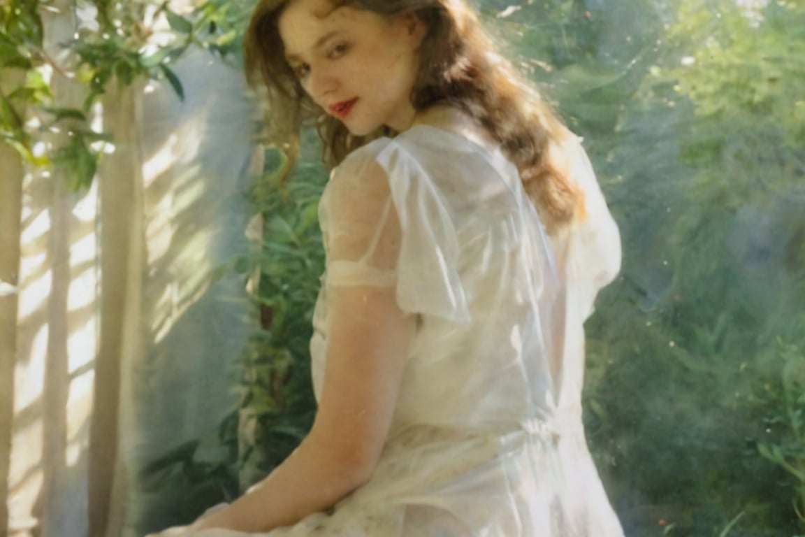 Beautiful teenager in sheer white dress,  softly lit by ambient sunlight streaming through large windows with lush green f...