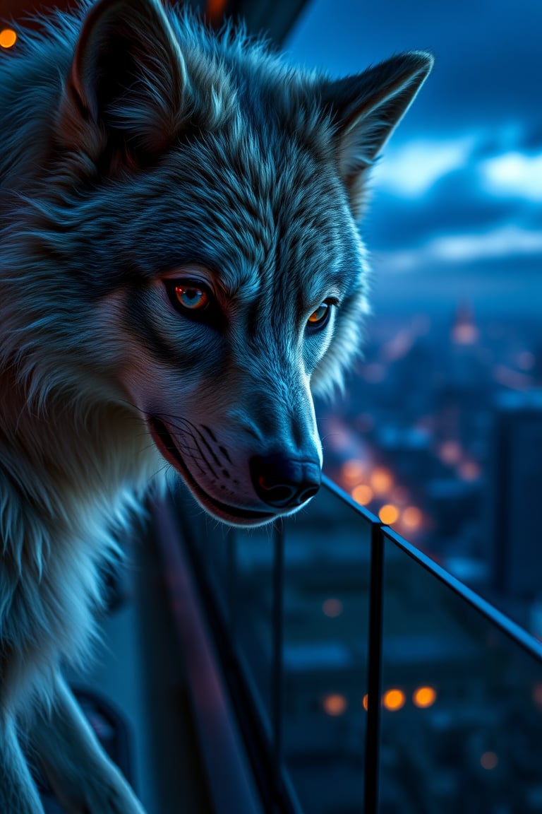 A close-up of a female werewolf with soft, silvery fur and piercing amber eyes, her expression a mix of curiosity and mischief. She stands on a glass balustrade overlooking a blurry cityscape in a mystical land of eternal twilight. Natural lighting filters through, complemented by studio lights with strong rim lighting to accentuate her furry features. The analogous color palette of deep purples, blues, and silvers creates a dramatic, moody atmosphere. Shot on a Pentax K-1 Mark II with a Pentax FA 43mm f/1.9 Limited lens, the image has a subtle film grain and a slightly underexposed look, enhancing the mystical and ethereal vibe.