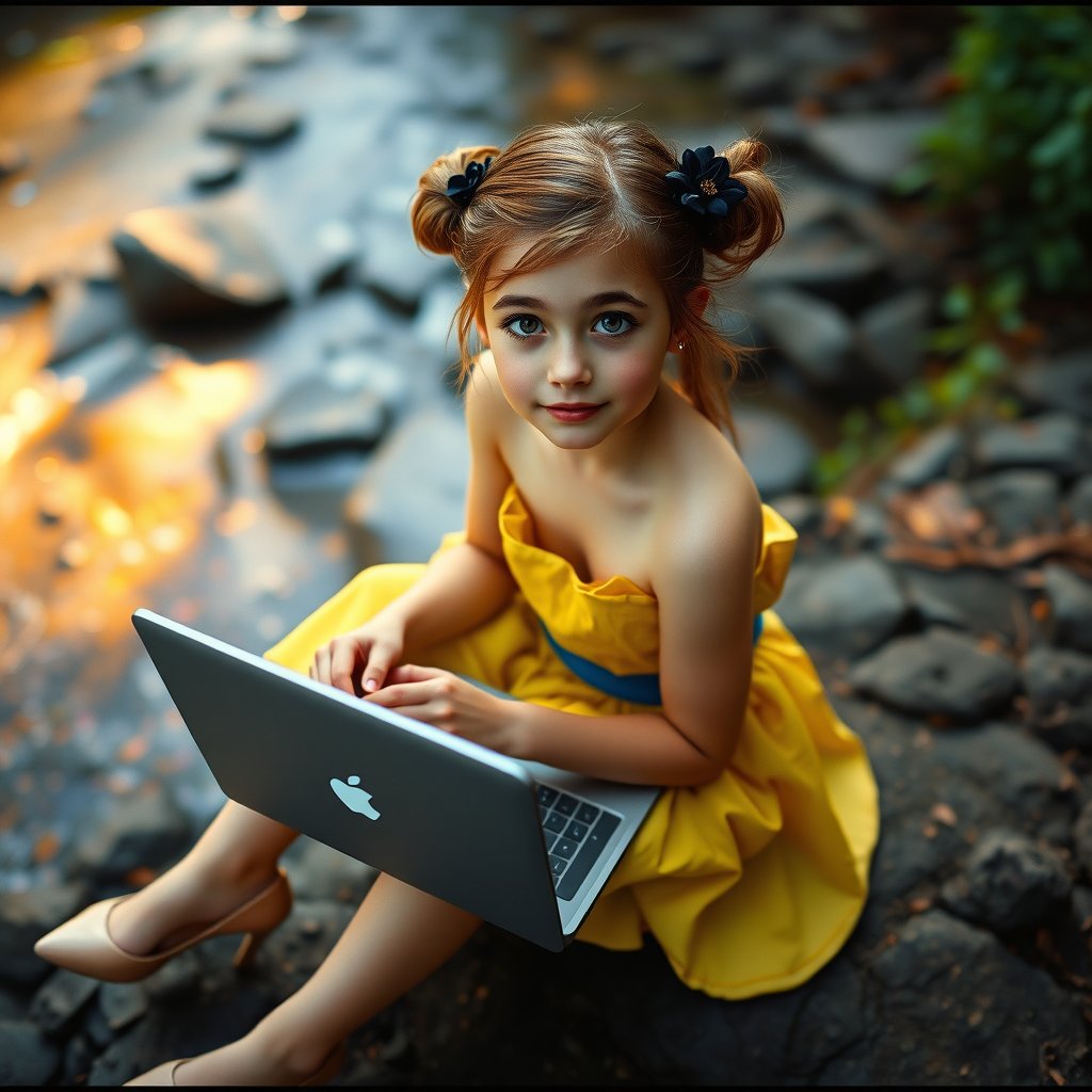 A young girl with fair skin, golden-brown hair in buns, and an innocent yet curious expression sits on rocky terrain by a river, dressed in a strapless yellow dress with a blue waist sash and beige high heels. She wears a black floral hair accessory and is engaged with a laptop, representing technology integration in fashion. The scene is set in a natural, bioluminescent environment with soft pastel lighting and multi-colored hues from below, casting a cool, ethereal glow. The close-up, selfie angle captures her slightly tilted head, with blurred foliage in the background. The high perspective shot, taken with a Canon EOS 5D Mark IV and Canon EF 24-70mm f/2.8L II, features film grain and a cool color palette, evoking the visual style of director David Lynch.