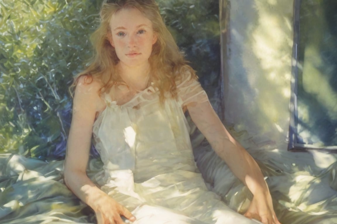Beautiful teenager in sheer white dress,  softly lit by ambient sunlight streaming through large windows with lush green f...