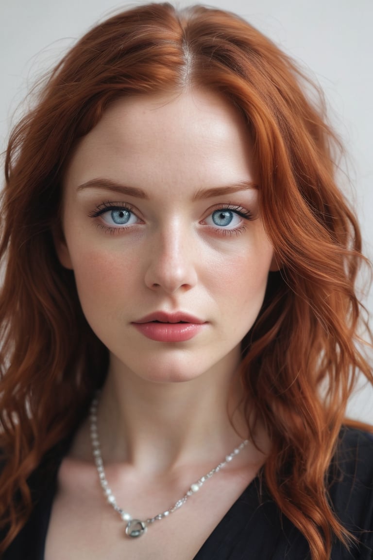 A captivating close-up shot frames a fair-skinned woman with mesmerizing blue eyes and vibrant wavy red hair parted down t...