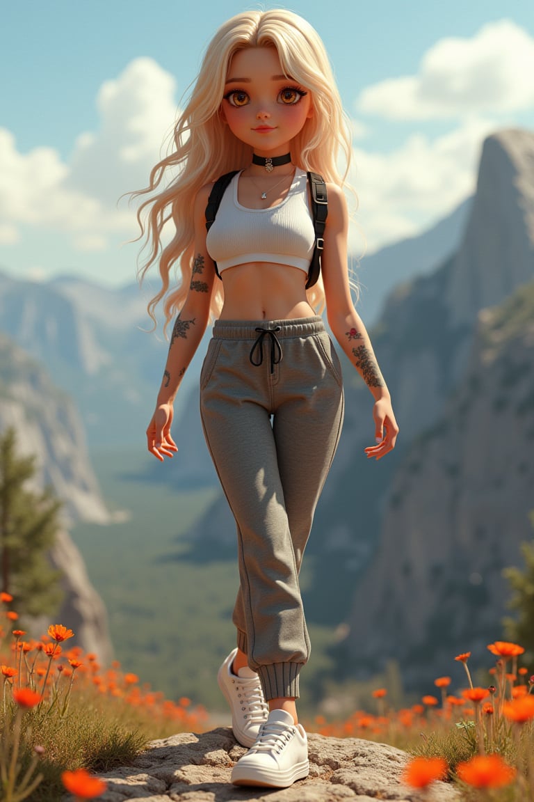 In this image,  we see a charming and alluring French high schooler,  dressed in a chic outfit consisting of a cropped top...