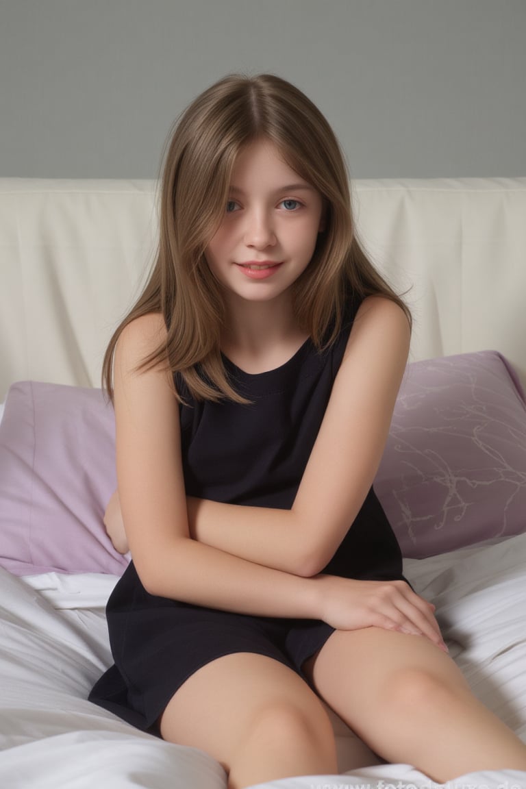 This photograph captures a young girl,  likely in her early teens,  sitting on a bed. She has long by Cédric on Tensor.Art